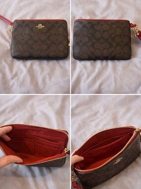 Coach Brown Signature Canvas Wristlet with Red Interior and Gold Hardware